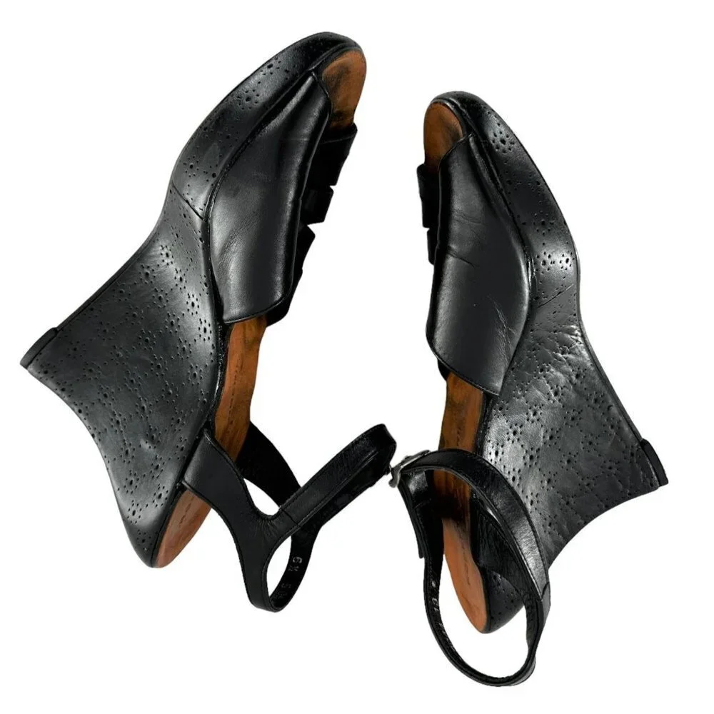 Robert Clergerie Black Leather Ankle Strap Peep Toe Wedge Heels Size 6.5